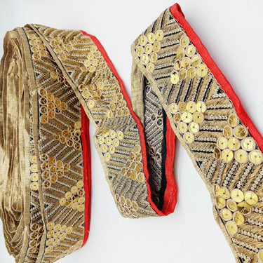 Indian Sari Trim, Black Art Silk Fabric With Gold Embroidery And Red Piping, Gold Sequins